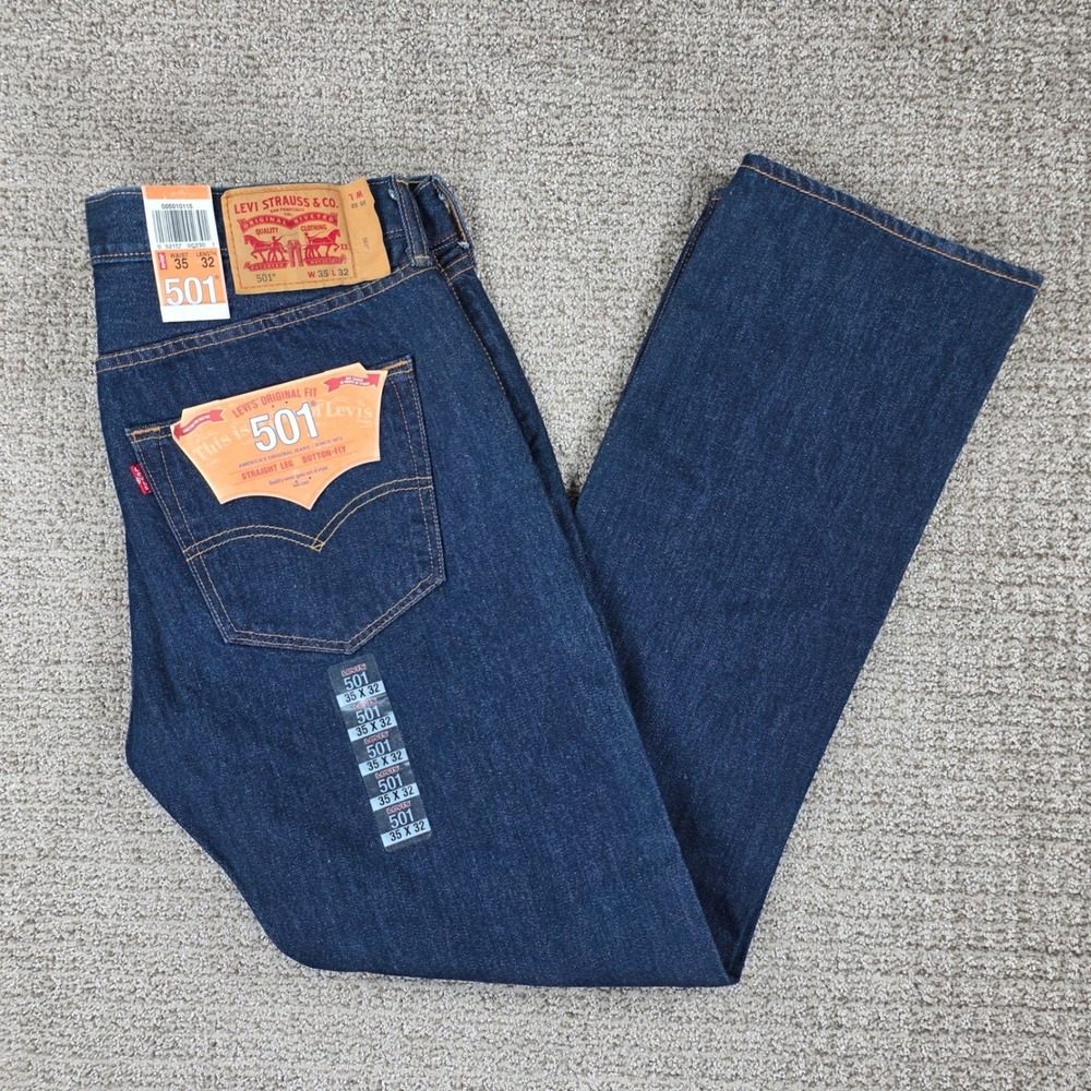 Levis 501 Mens Original Fit Straight Leg Button Fly Jeans Dark Wash 35x32 NEW